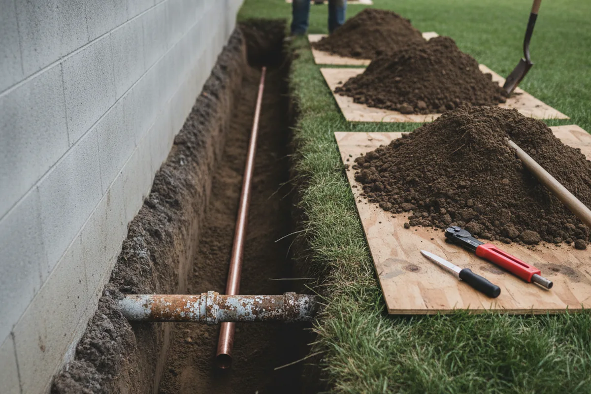 Excavated water line trench during Water Heater Repair in Fort Gibson